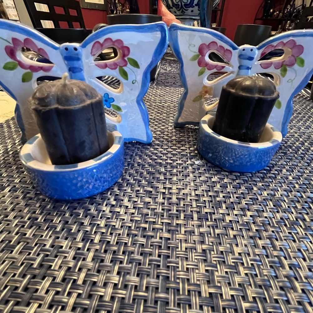 Luminescence Dolmite Blue Ceramic Butterfly Candle Holders
